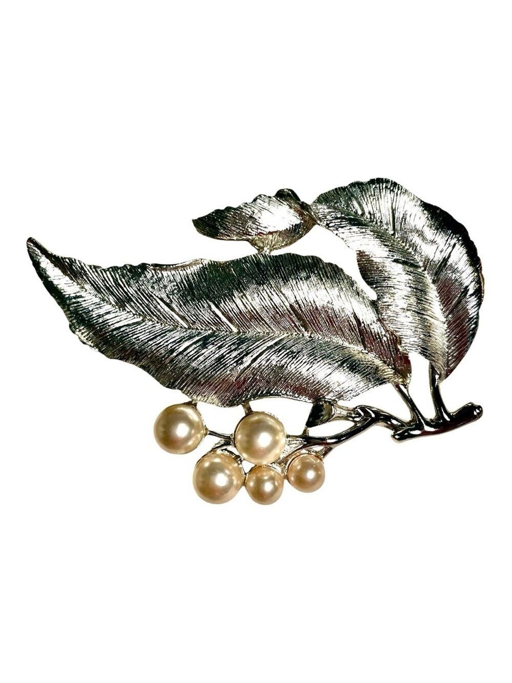 Sarah Coventry “Silvery Splendor” Vintage Brooch, 1963, Textured Leaves & Pearls